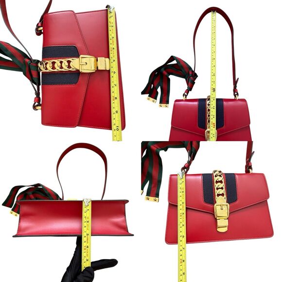 AUTHENTIC Gucci Red Leather Sylvie Sholuder Bag with gold Tone chain And Web - Picture 5 of 7